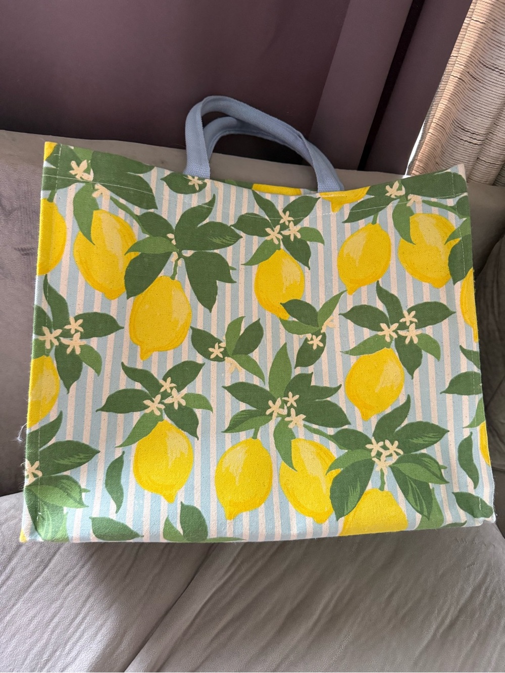 Yellow Lemon Print Tote Bag with Green Leaves, Sturdy Canvas Material